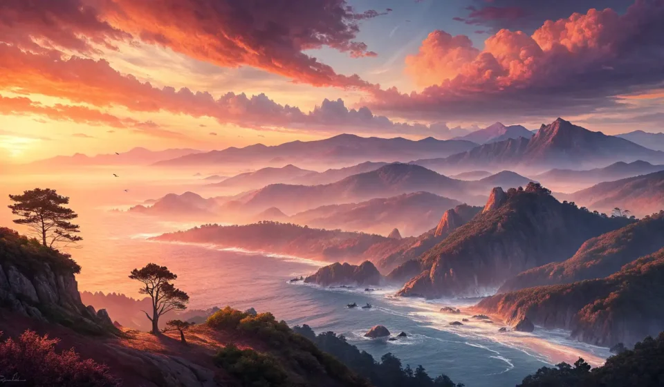 Finding the Perfect Sunrise Spot: Asking Locals in Korean Serene Korean sunrise over a landscape, symbolizing a tourist finding a quiet viewing spot with loca...