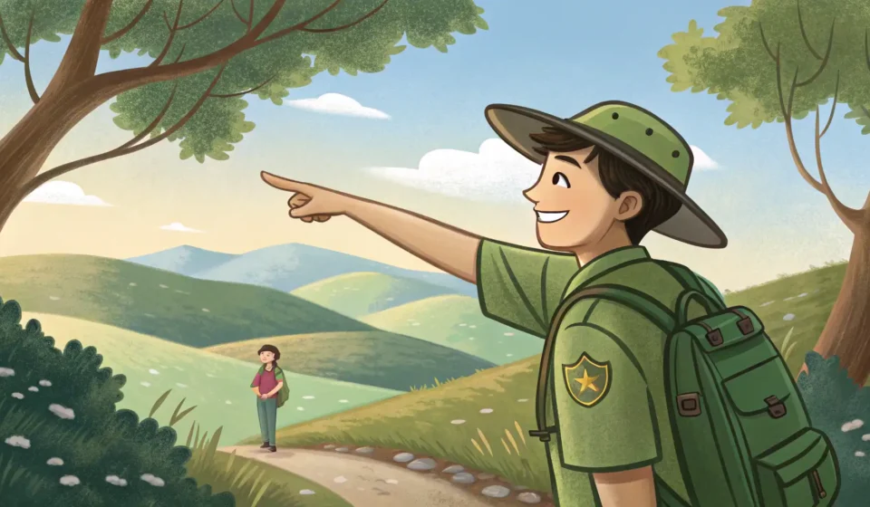 Finding the Perfect Sunset Spot Over the Plains in Korean Illustration of a Korean park ranger guiding a camper towards a viewpoint showing a beautiful sunset...