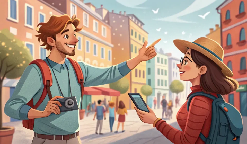 How to Ask Someone to Take Your Picture in Korean Illustration depicting a tourist asking someone to take their picture with a smartphone in front of...