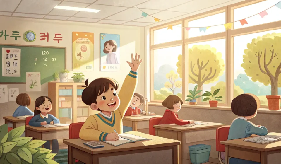 How to Ask a Teacher About a Science Fair in Korean Illustration of a student raising their hand politely in a Korean classroom setting, representing as...