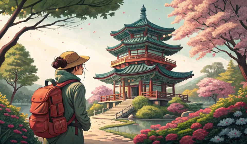 Asking for the Best Spot to View a Historic Tower in Korean Illustration showing a tourist asking a friendly Korean local for the best viewpoint to see a histor...