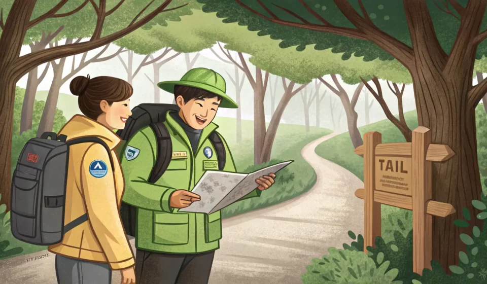 How to Ask About a Trail with a Waterfall View in Korean Illustration of a hiker asking a Korean park ranger holding a map about a mountain trail, with a dis...