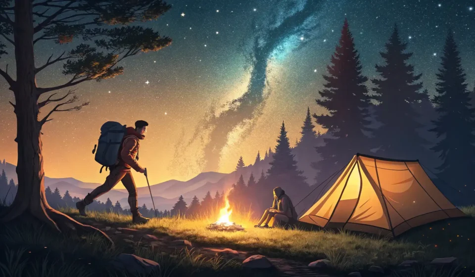 How to Ask for Tips on Staying Warm at Night While Hiking in Korean Illustration of a hiker politely asking a camper for advice beside a warm campfire and tent during a...