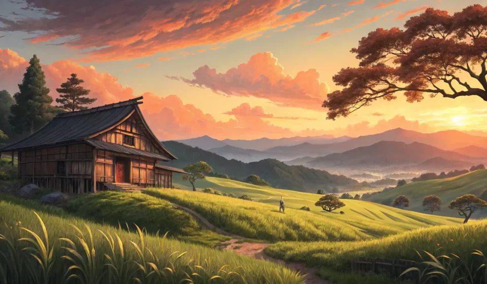 Asking for Sunset Spots with Historic Barns in Korean A Korean countryside landscape featuring a traditional barn silhouetted against a beautiful sunset,...