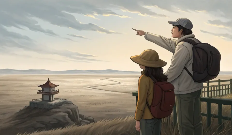 Asking About a Forgotten Battlefield in Korea A tourist and a Korean guide survey a wide, empty plain, representing a Korean language lesson about...