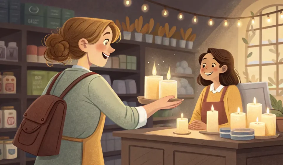 Asking About Bulk Candle Deals in Korean A shopper asking a cashier about buying many candles at a checkout counter in a Korean store, illust...