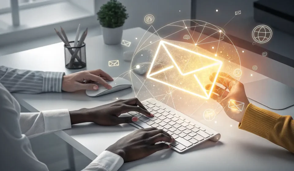 Asking for Last-Minute Email Help in Korean Two hands working together over a digital screen symbolizing urgent email help between colleagues in...