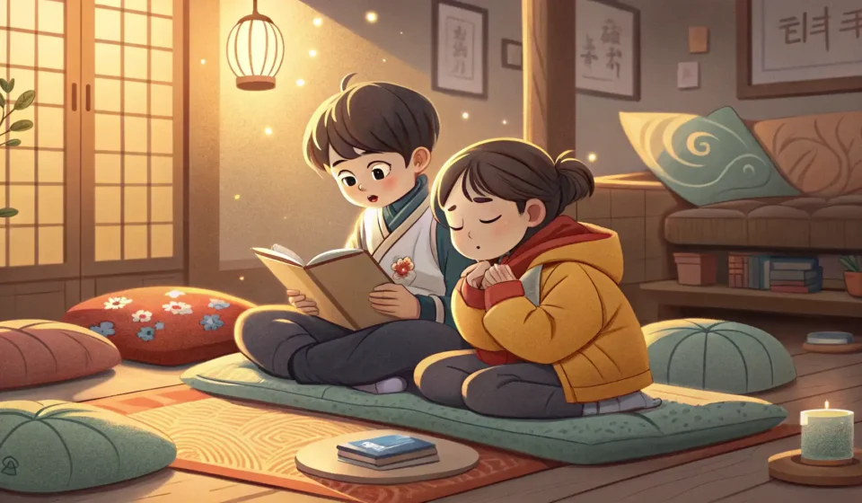 Asking for Help with an Anthropology Paper in Korean Two Korean students studying together at home, one looking stressed over an anthropology paper while...