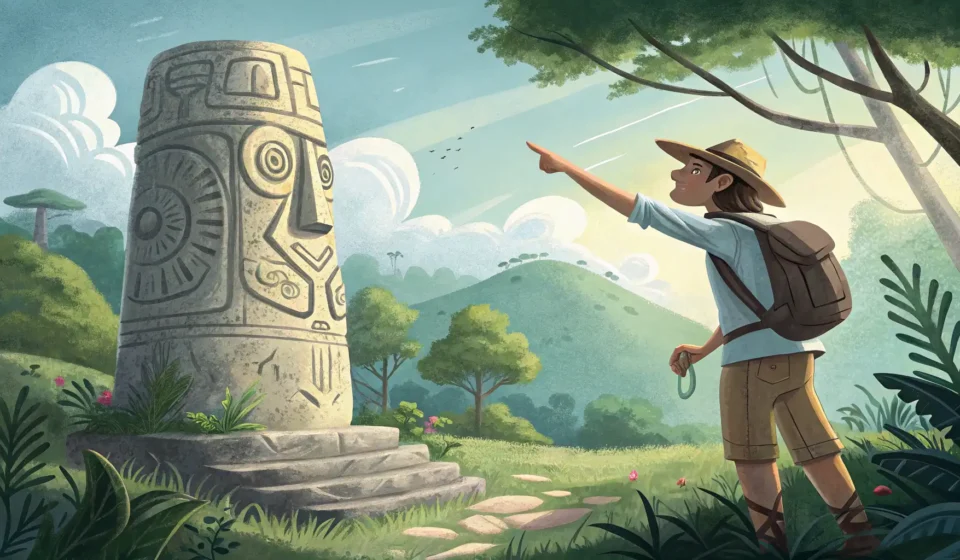 Asking About a Mysterious Pillar in the Forest in Korean Illustration of a tourist and guide in a Korean forest, looking curiously at a mysterious stone pill...