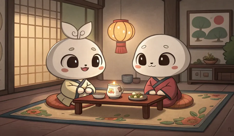 Asking a Friend for Help with Geography Homework in Korean Illustration of two cute Korean-style characters studying a colorful world map together in a cozy ro...