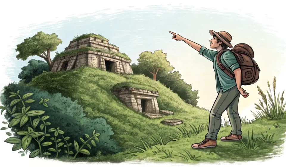 Asking About a Forgotten Desert Fort in Korean Illustration of a tourist asking a guide about ancient fort ruins visible in a vast desert landscape...