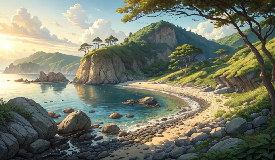 How to Ask About Secret Beaches with Colorful Pebbles in Korean Close-up of vibrant, multi-colored pebbles on a secluded Korean beach, representing finding hidden t...