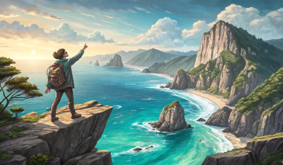 Asking About Hidden Coastal Grottos in Korean A tourist asking a guide about hidden spots while viewing a scenic Korean coastline with cliffs, sug...