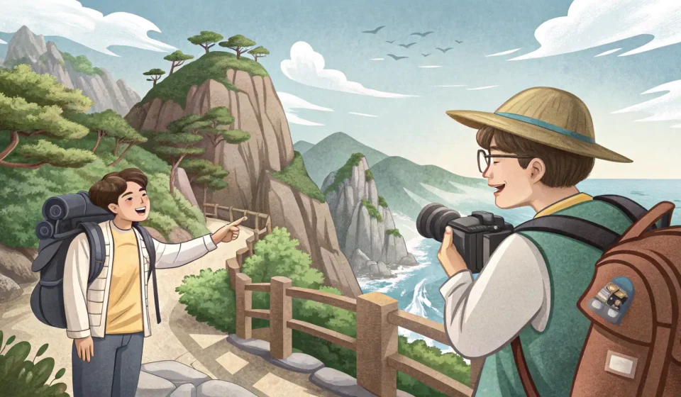 Asking About Hidden Gems: Finding a Coastal Spring in Korean Illustration depicting a tourist asking a guide about a hidden location near a scenic Korean coastli...