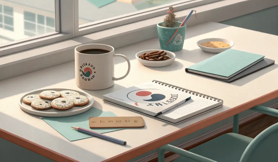 Asking About a Lost Pen at Work in Korean Illustration of a Korean office break room table with a coffee mug, notebook, and empty pen holder,...