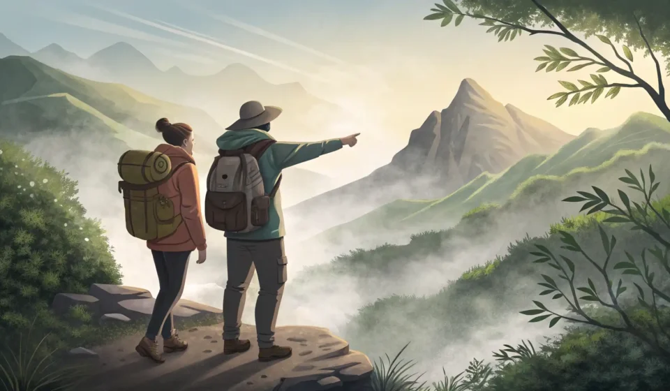 Asking About a Lost Mountain Settlement in Korean A tourist and a guide on a misty Korean mountain trail, looking towards faint ruins, symbolizing ask...