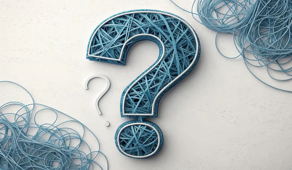 Asking About a Missing Cable in Korean Stylized question mark made of computer cables against a blurred Korean office background, represent...