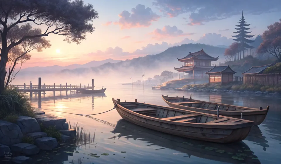 Asking for a Quiet Spot to Watch Boats in Korean A peaceful illustration of a Korean harbor with traditional boats drifting on calm water, viewed fro...