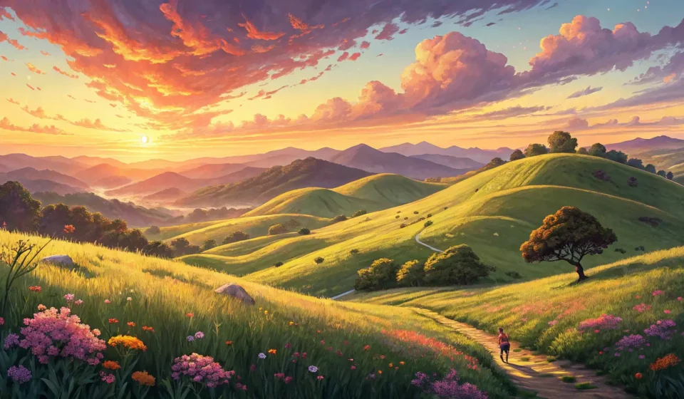 Asking About Sunset Spots in Korean Illustration of a Korean park ranger pointing out a beautiful sunset view over hills to a camper ask...