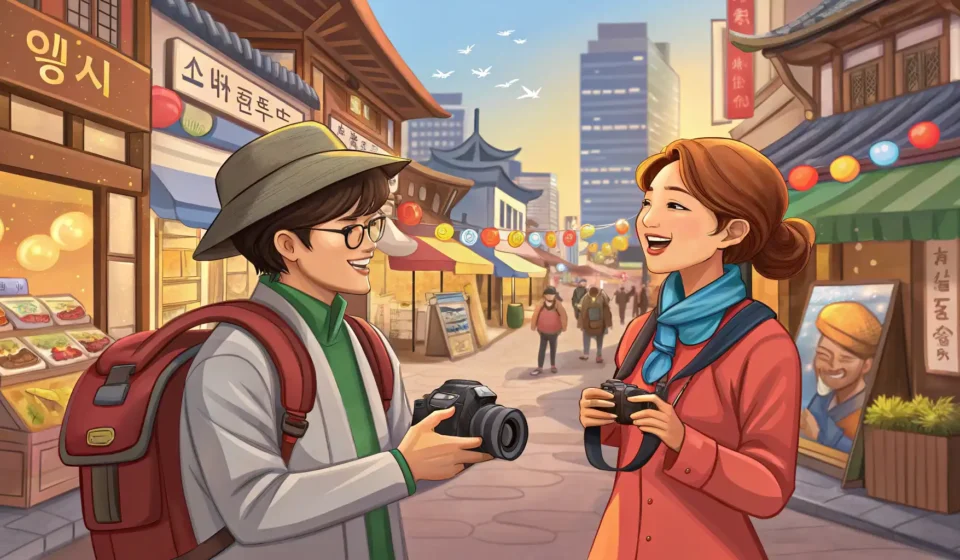 Finding a Rare Sunset Glow Spot in Korea A tourist asking a local Korean for directions to view a spectacular rare sunset glow over a Korean...