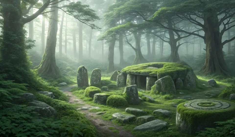 Mysterious Stone Circle in the Woods: Korean Phrases for Tourists A mysterious stone circle sits within a misty Korean forest, symbolizing a tourist asking questions...