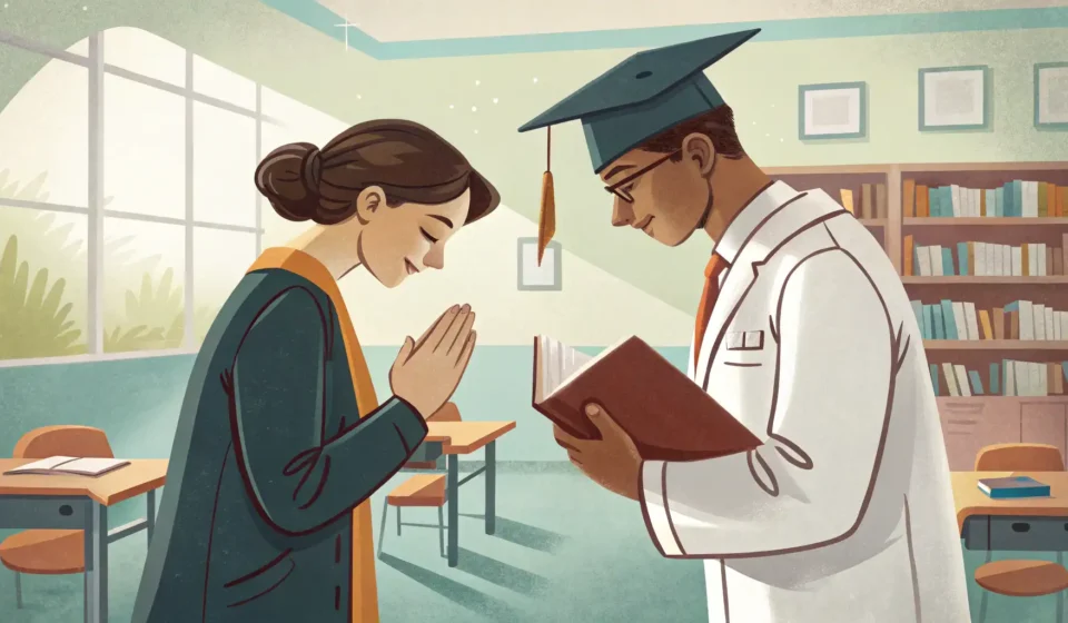 Asking a TA for Calculus Help in Korean A student respectfully approaches a Teaching Assistant (TA) in a modern Korean university setting, s...