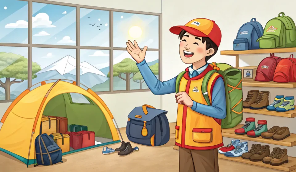 How to Ask About Camping Tent Sales in Korean Illustration depicting a shopper interacting with a Korean clerk in an outdoor store, looking at cam...
