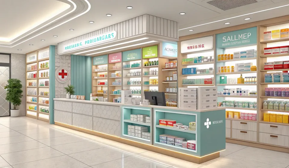 How to Say Astaxanthin in Korean Illustration of a friendly pharmacist inside a modern Korean pharmacy, symbolizing learning Korean v...
