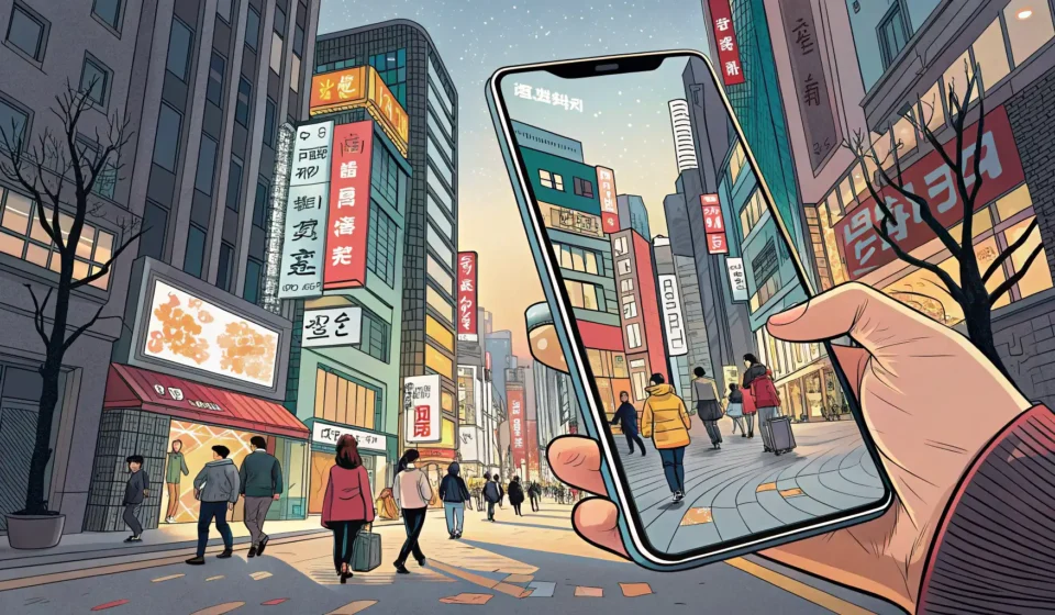How to Say Augmented Reality in Korean A smartphone screen displaying a modern Seoul street enhanced with abstract digital overlays, symbol...