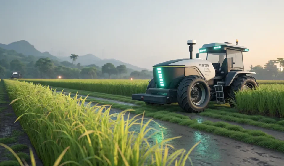 How to Say Autonomous Tractor in Korean A modern autonomous tractor working without a driver in a lush Korean rice field, illustrating advan...