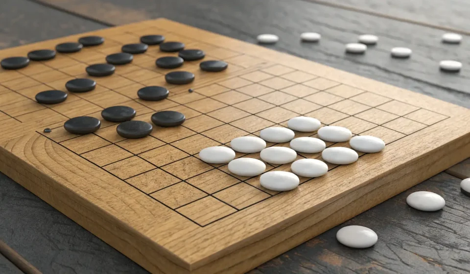 Learning Korean Baduk and Janggi Split image showing close-ups of a Korean Baduk (Go) board with stones and a Janggi (Korean Chess) b...
