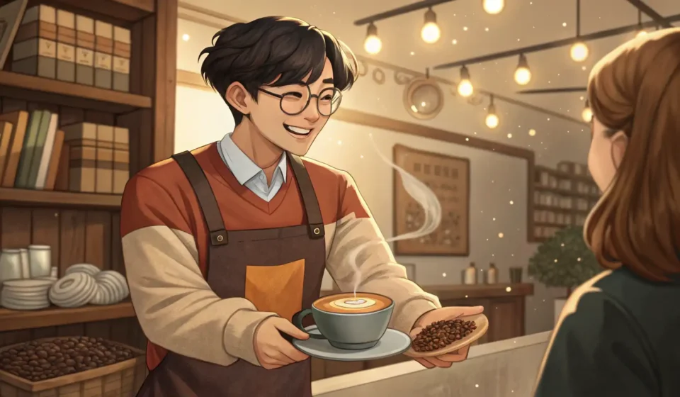 Handling Requests for Non-Bitter Coffee in Korean A Korean barista smiles warmly while serving a smooth-looking coffee to a customer, representing a l...