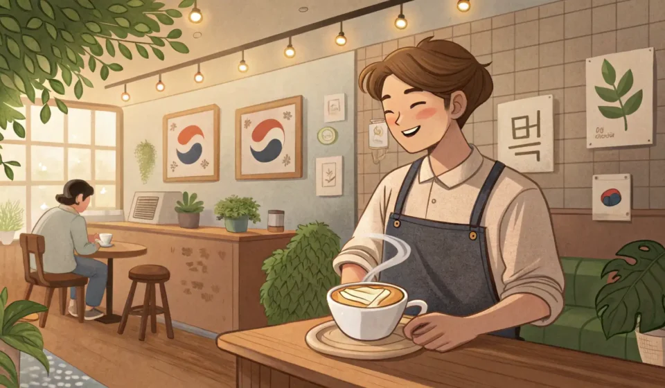 Barista Recommending a Latte in Korean Barista in a cozy Korean cafe offering a steaming latte to a customer on a foggy morning visible thr...