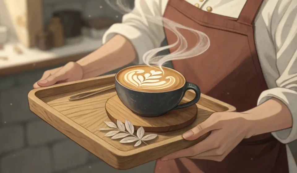How to Recommend a Latte in Korean (Barista Phrases) A Korean barista's hands offer a warm latte with foam art in a cozy cafe, representing a recommendat...