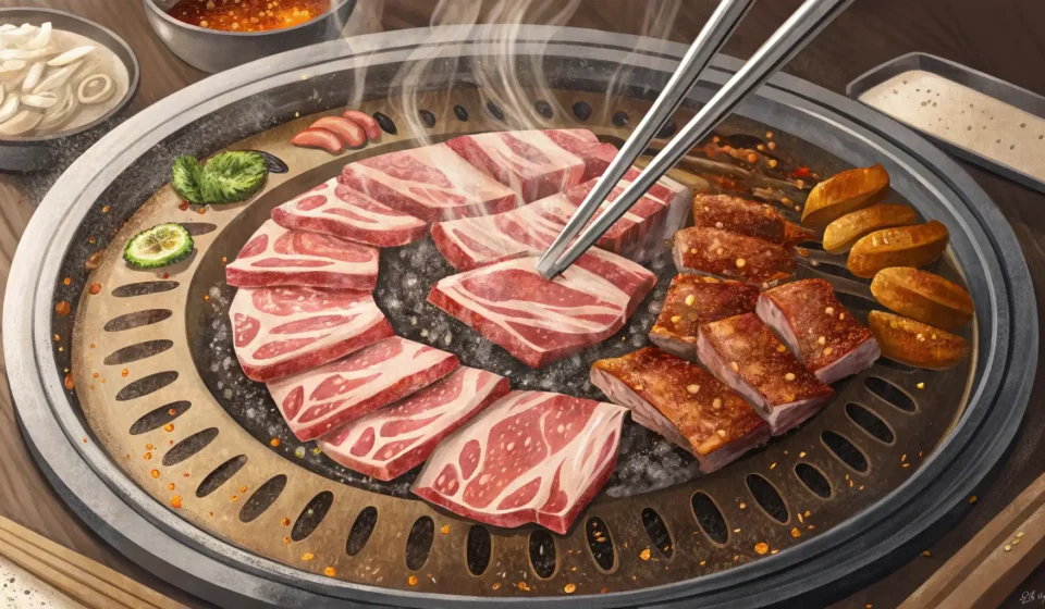 How to Navigate a Korean BBQ Restaurant Close-up view of various meats sizzling on a tabletop Korean BBQ grill, surrounded by small Korean s...