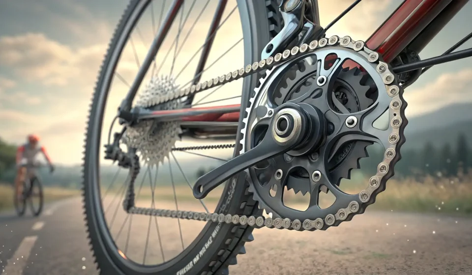 How to Ask for a Quick Bike Chain Fix in Korean Close-up of a bicycle chain needing repair inside a busy Korean bike shop, symbolizing asking for a...