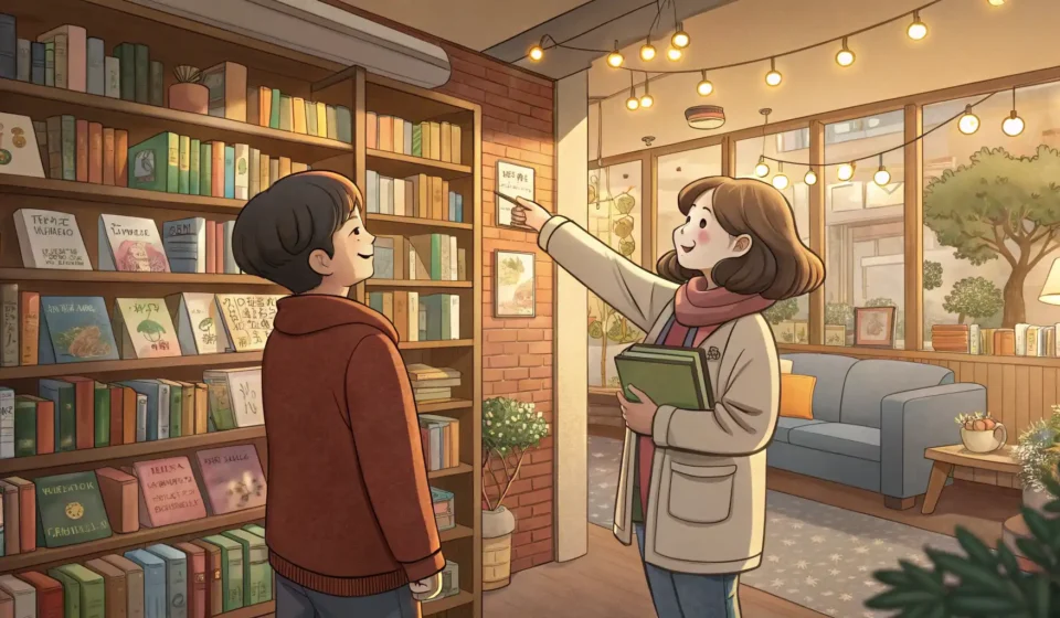 Asking for Book Recommendations in a Korean Bookstore Illustration depicting a customer receiving a book recommendation from staff inside a welcoming Kore...