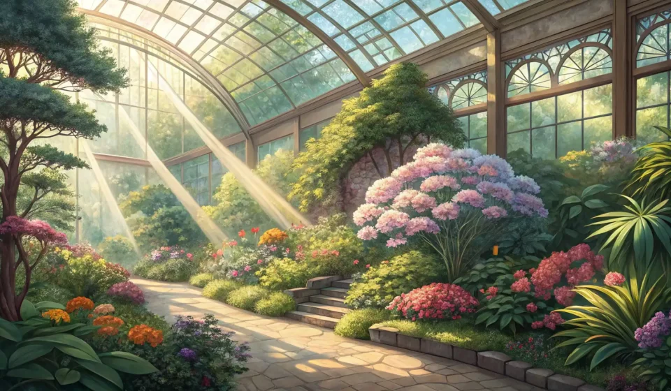 How to Say Botanical Garden in Korean Interior view of a bright, sunny greenhouse filled with lush green plants and colorful flowers, repr...
