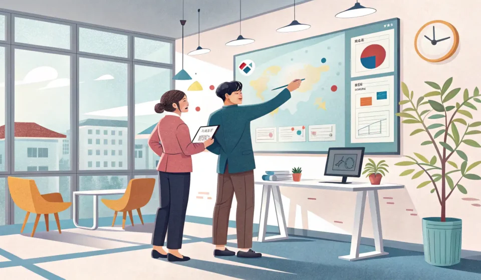 How to Ask a Teammate for a Brainstorming Call in Korean Illustration of two office workers in a Korean setting planning a brainstorming session, indicated b...