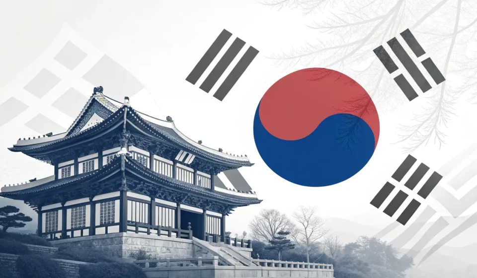 How to Say Branding in Korean Minimalist abstract graphic with geometric shapes in blue, red, white, and black, symbolizing modern...