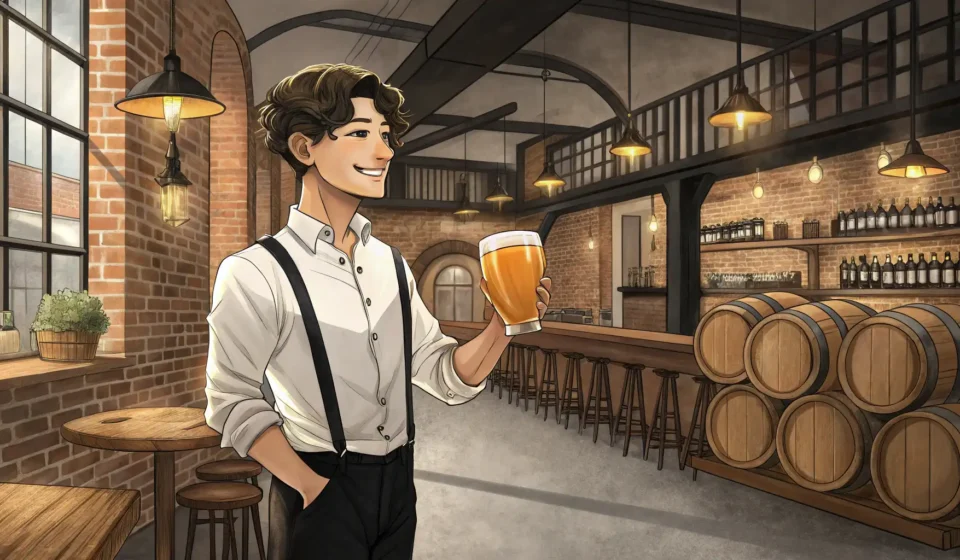Recommending Beer in Korean: Brewery Phrases A Korean waiter recommending a glass of craft beer to a customer inside a modern brewery, illustrati...