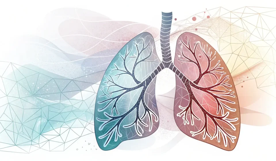 How to Say Bronchitis in Korean Stylized illustration of lungs with subtle Korean-inspired color patterns, representing learning Kor...