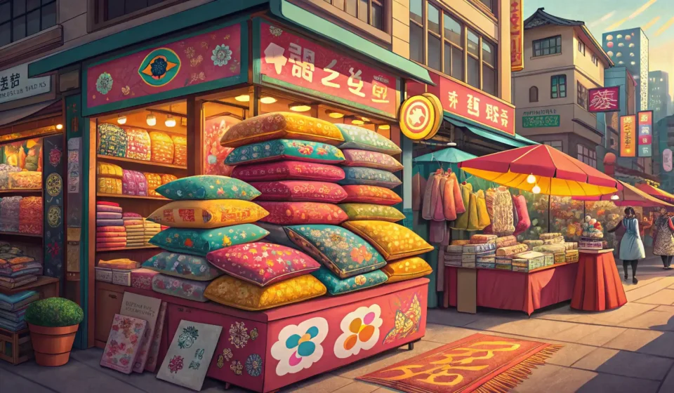 How to Ask for a Bulk Discount on Pillows in Korean Stacks of colorful cushions at a vibrant Korean market stall, symbolizing asking for a bulk discount...