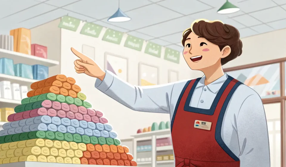 How to Ask for a Bulk Discount on Socks Tonight in Korean Illustration of a Korean night market stall where a shop clerk shows a large pile of colorful socks...