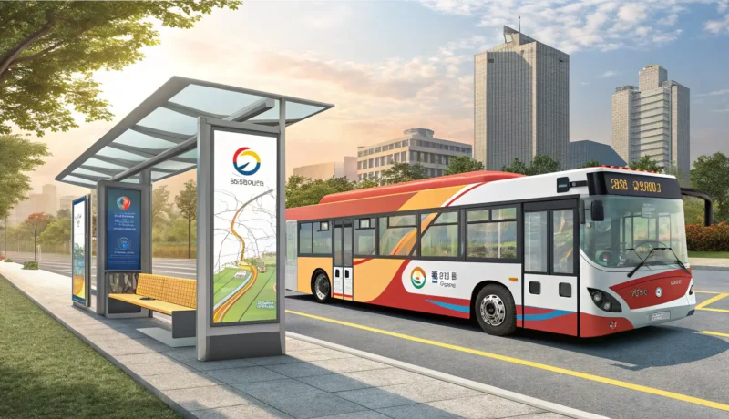 Using Buses and Subways in Korea Illustration comparing a Korean city bus at a stop and a subway train arriving at a station, represe...
