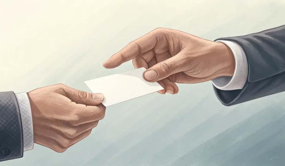 How to Exchange Business Cards in Korean Illustration showing the polite exchange of business cards between two pairs of hands, symbolizing K...
