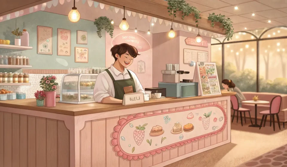 Korean Cafe Chat: Discussing Art Shows Illustration of a Korean barista handing coffee to a customer in a cozy cafe decorated with subtle m...