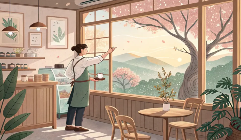 Chatting About Local Sights: Discussing a New Sculpture in Korean Interior view of a cozy Korean cafe with a barista and customer looking out the window at a modern s...