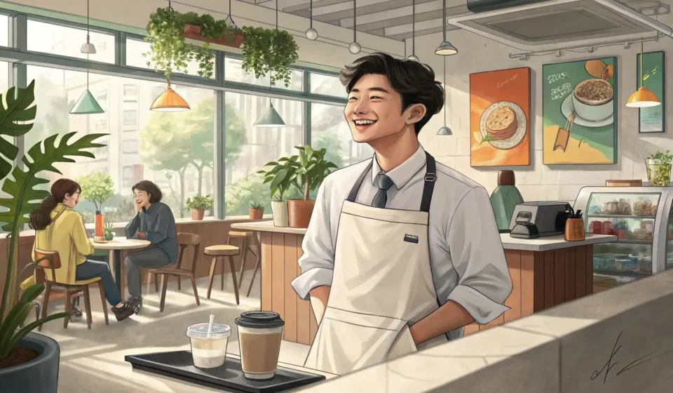 Handling Drink Remake Requests in Korean Cafes A smiling Korean barista in a modern cafe offers a coffee cup, illustrating polite customer service...