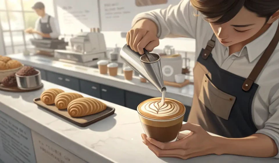 How to Handle Extra Cream Requests in Korean Cafes Close-up of a barista's hands adding a large swirl of whipped cream to a coffee drink inside a moder...
